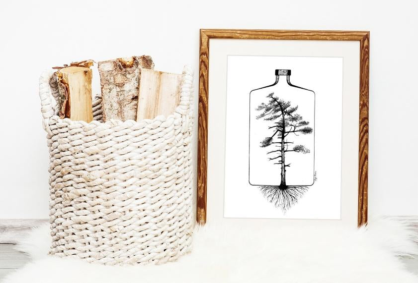 Scandi Style Interior? Yes please!-Brush Point Studio(Minimalist Scandinavian wall art with tree illustration in wooden frame beside woven basket of firewood on white fur rug.)