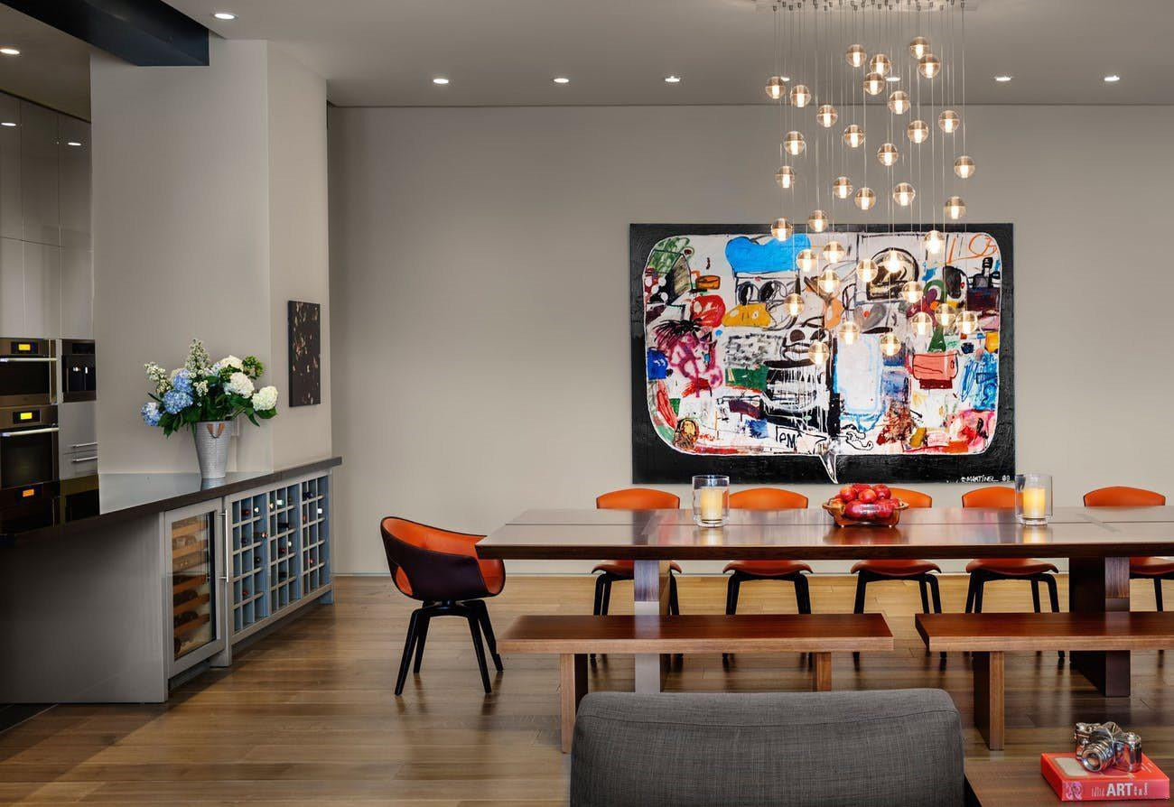 All You Need to Know About Art Trends for 2019-Brush Point Studio(Large abstract painting above dining table in modern home.)