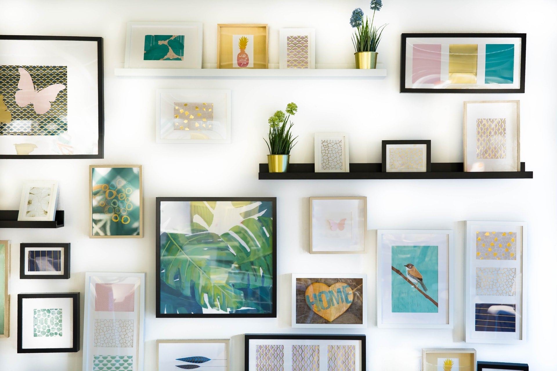 wall art gallery with framed prints and plants for modern home decor