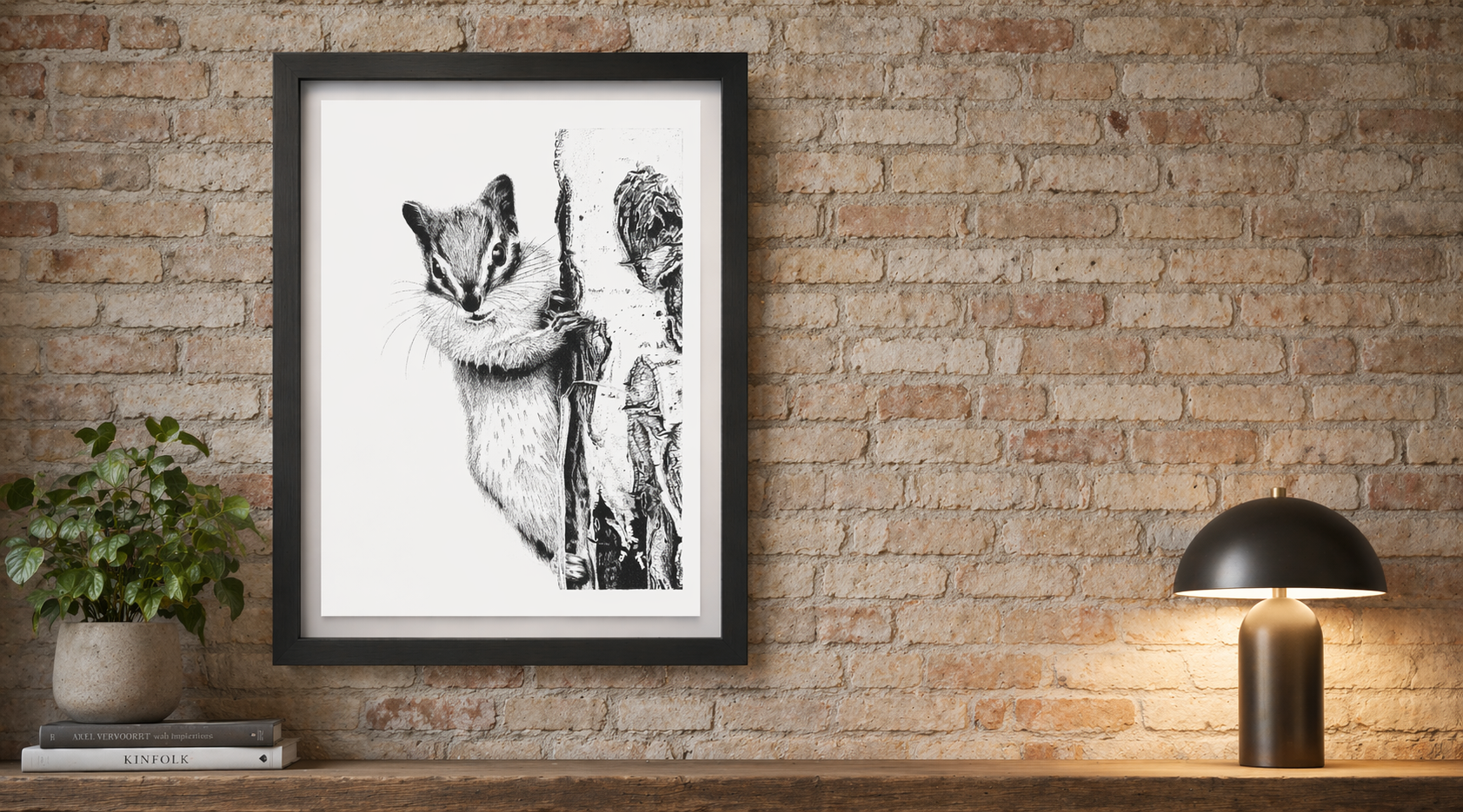 Minimalist dining nook with framed monochrome nature art and soft natural light