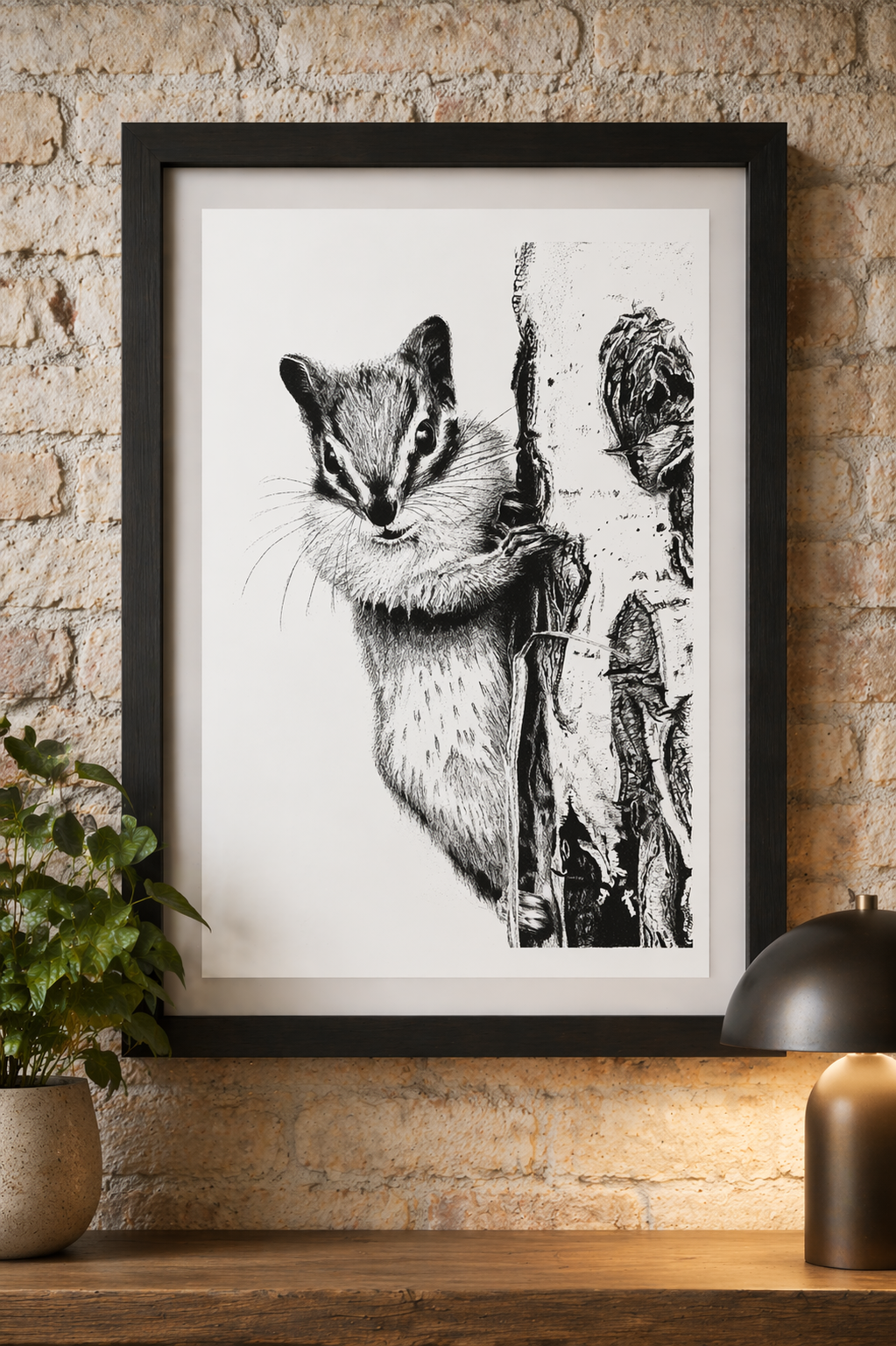 Minimalist dining nook with framed monochrome nature art and soft natural light.