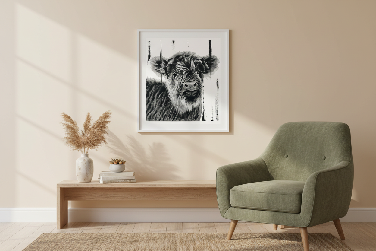 Little Roy baby calf painting hanging on a living room wall