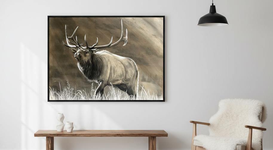 Minimalist dining nook with framed monochrome nature art and soft natural light.