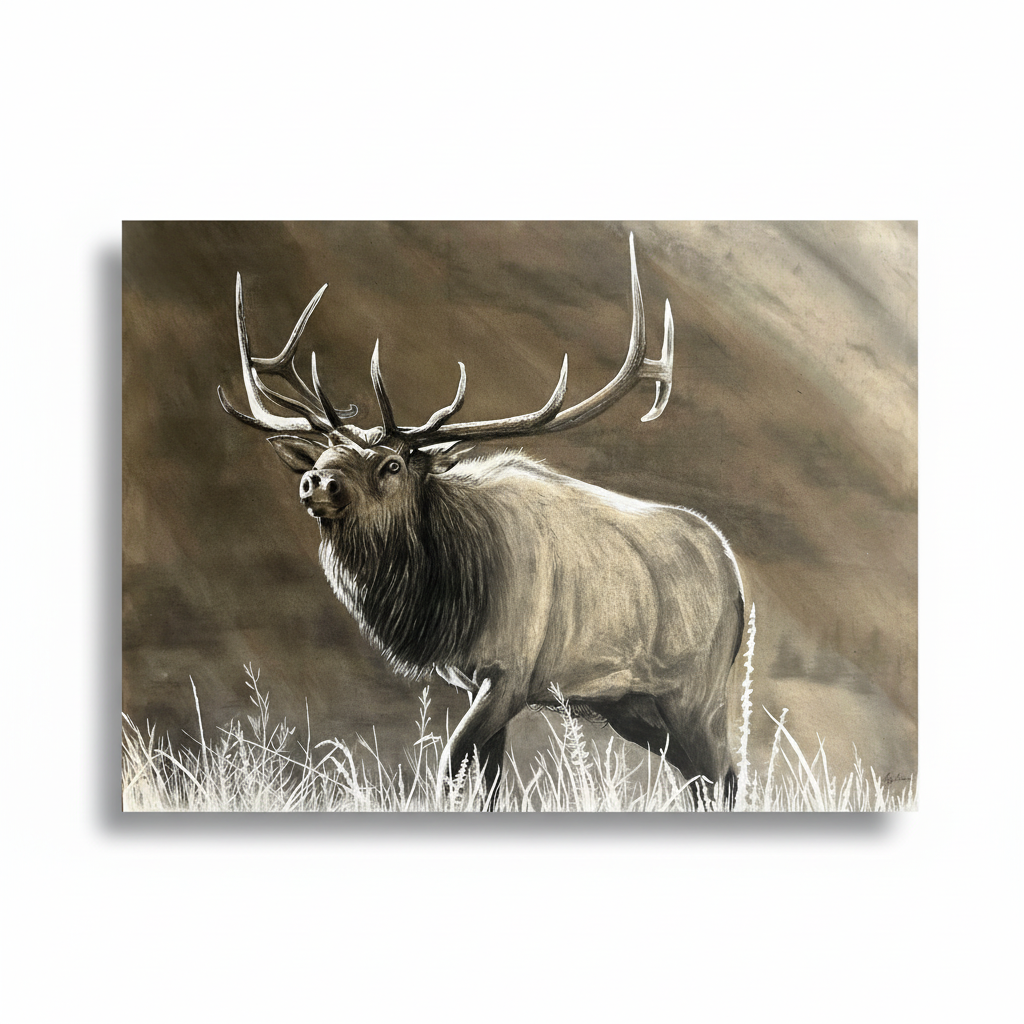 Original charcoal and graphite painting of a bull elk on white background
