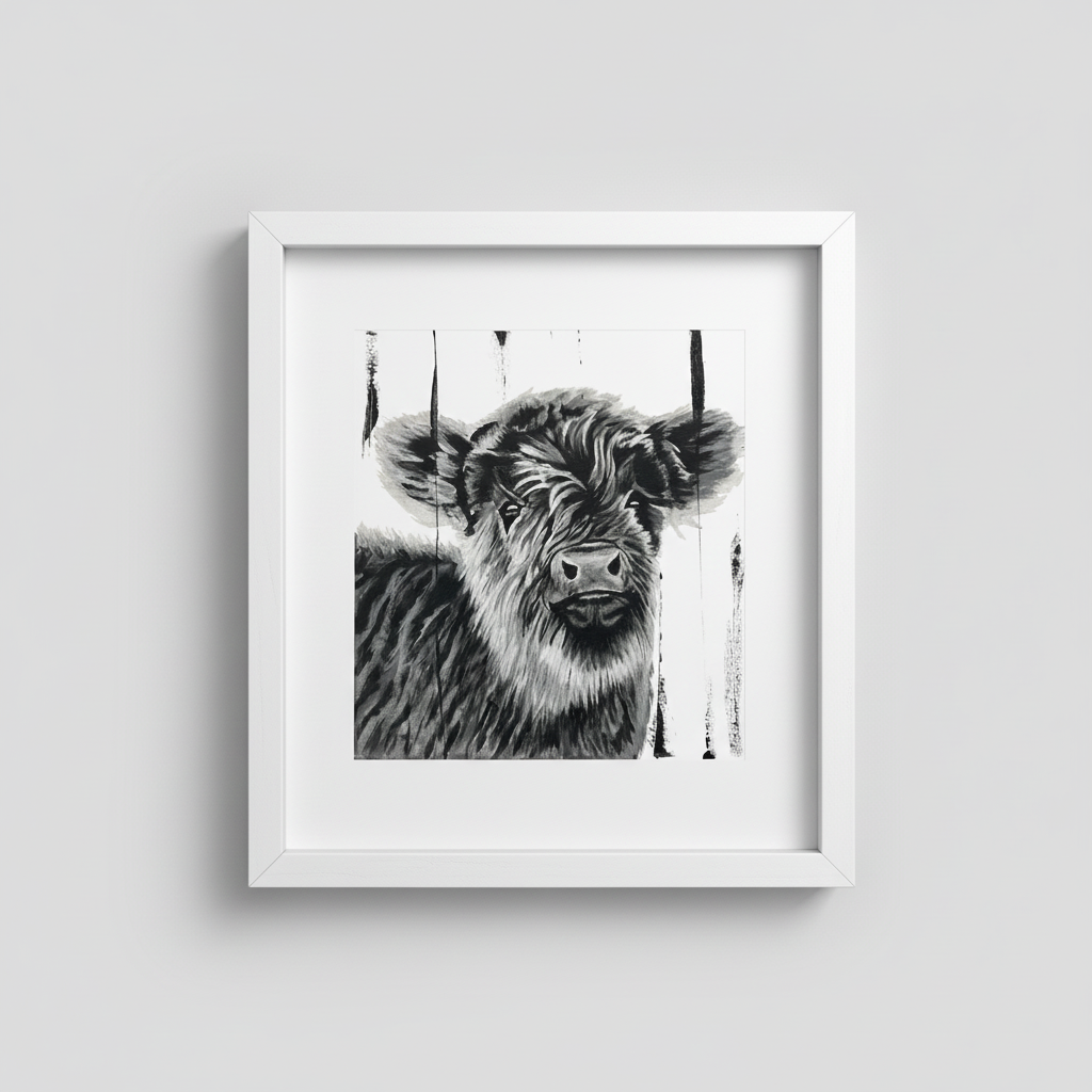 Little Roy baby calf painting in a white frame
