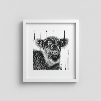 Little Roy baby calf painting in a white frame