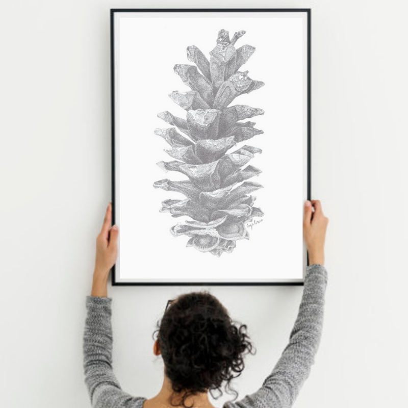 Pine Cone Art Print, done in pen and ink pointillism.