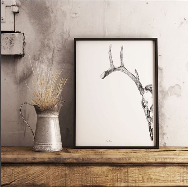 Half Deer Skull Art Print-Pen and ink-Brush Point Studio