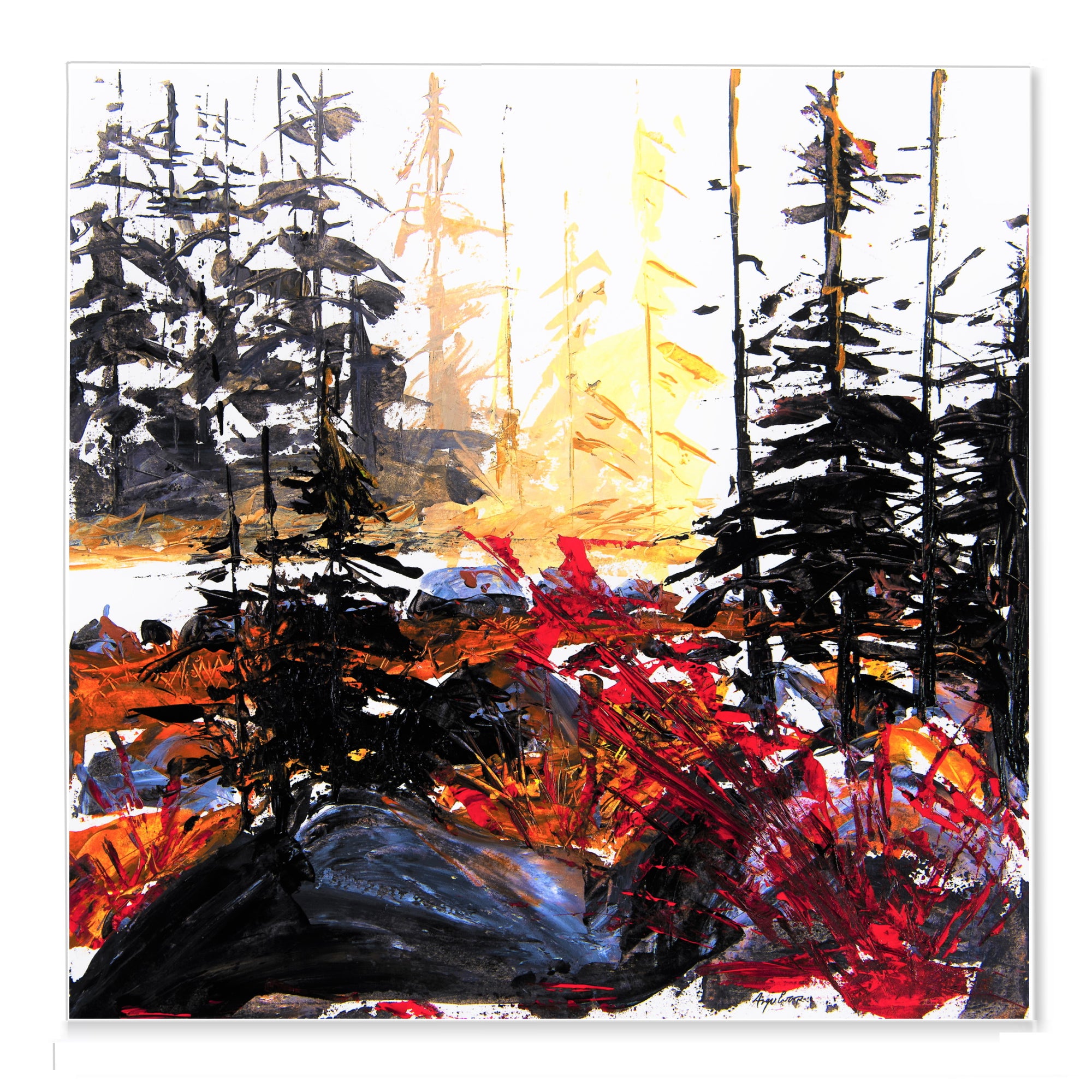Abstract forest scene with bold brushstrokes of red, black, and gold.
