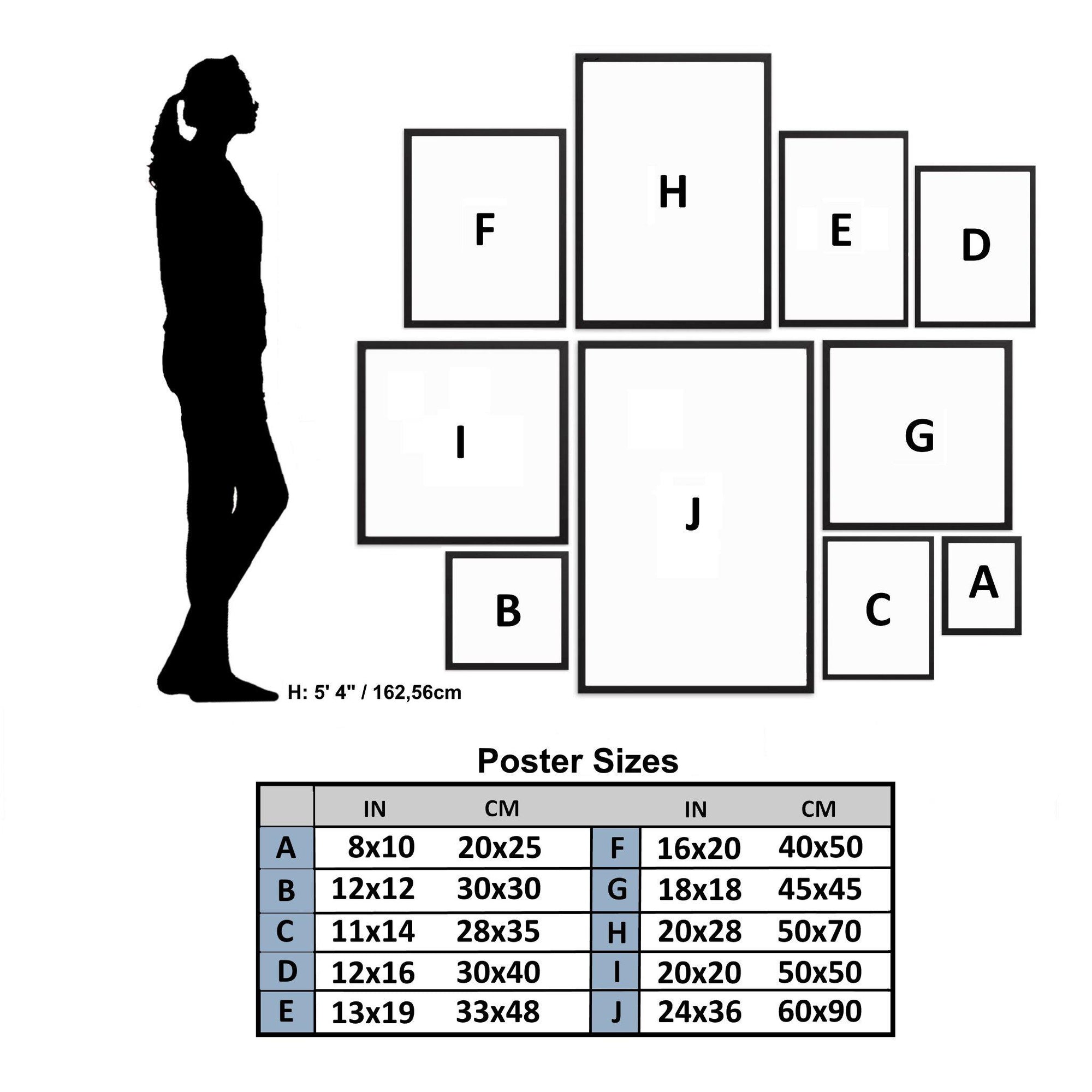 Size guide for buying artwork, compared to the height of a person.